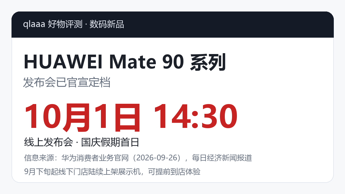 华为Mate90系列发布会信息卡：2026年10月1日14:30线上发布