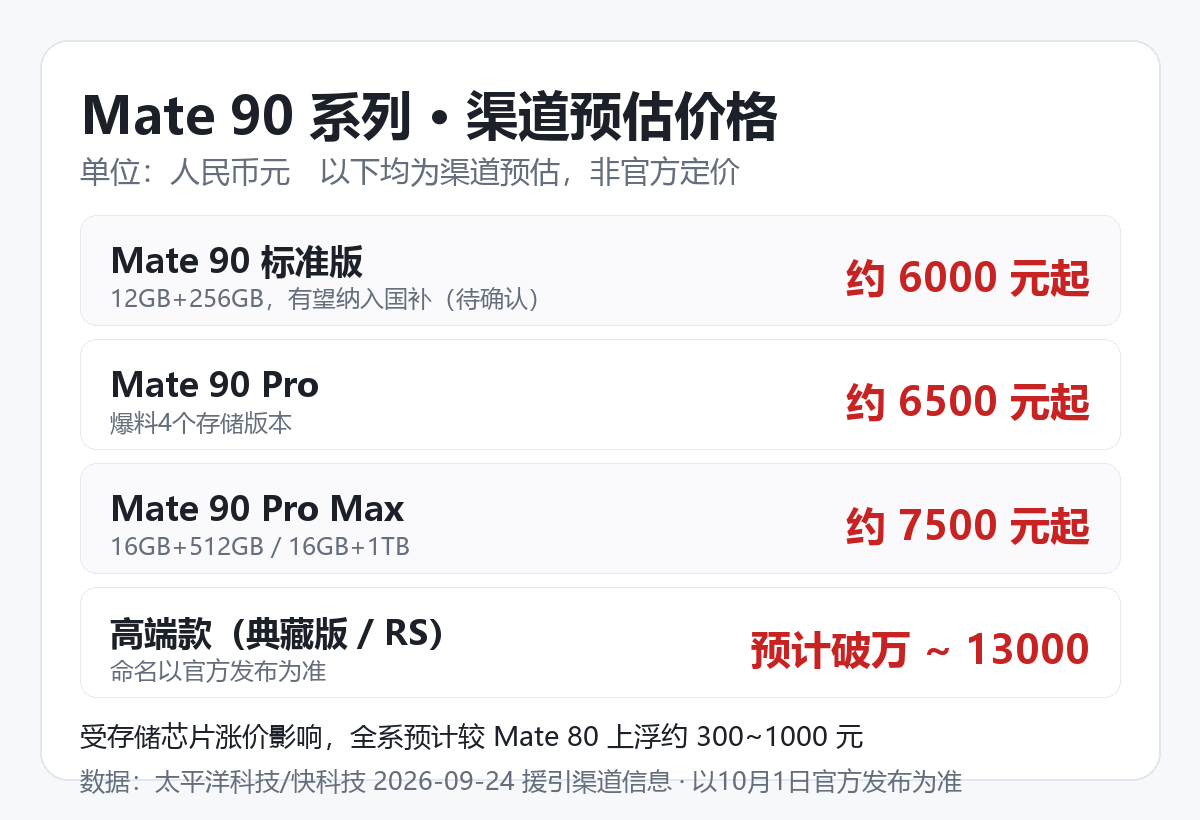 华为Mate90系列四款机型渠道预估价格信息卡（非官方，以10月1日发布为准）